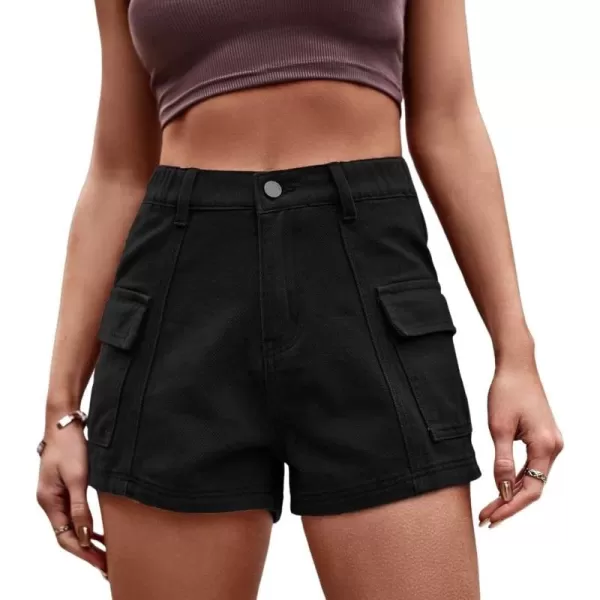 chouyatou Womens Sexy Cargo Shorts Summer Casual Elastic High Waist Demin Shorts with PocketsBlack