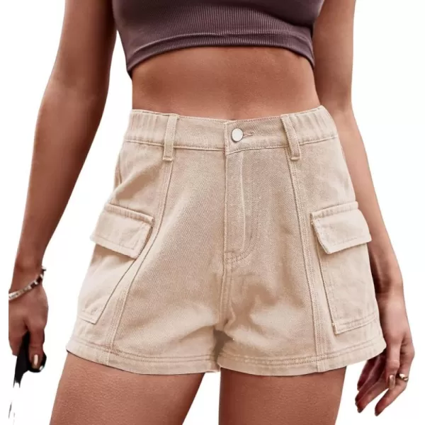 chouyatou Womens Sexy Cargo Shorts Summer Casual Elastic High Waist Demin Shorts with PocketsLight Khaki
