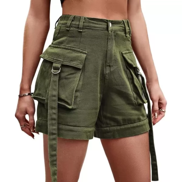 chouyatou Womens Summer Cargo Demin Shorts with Elastic High Waist Y2K Shorts with Dring RibbonArmy Green
