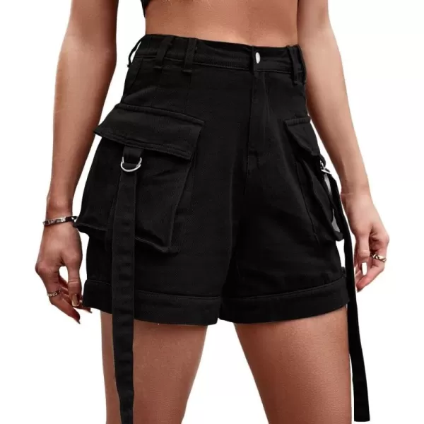 chouyatou Womens Summer Cargo Demin Shorts with Elastic High Waist Y2K Shorts with Dring RibbonBlack