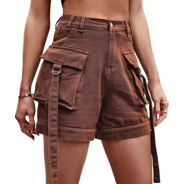 chouyatou Womens Summer Cargo Demin Shorts with Elastic High Waist Y2K Shorts with Dring RibbonBrown