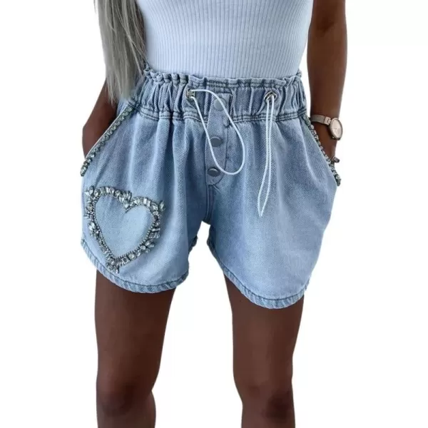 chouyatou Womens Summer Sexy Rivet Studded Elastic Waist Wide Leg Y2k Denim Jean ShortsHeart Rivets