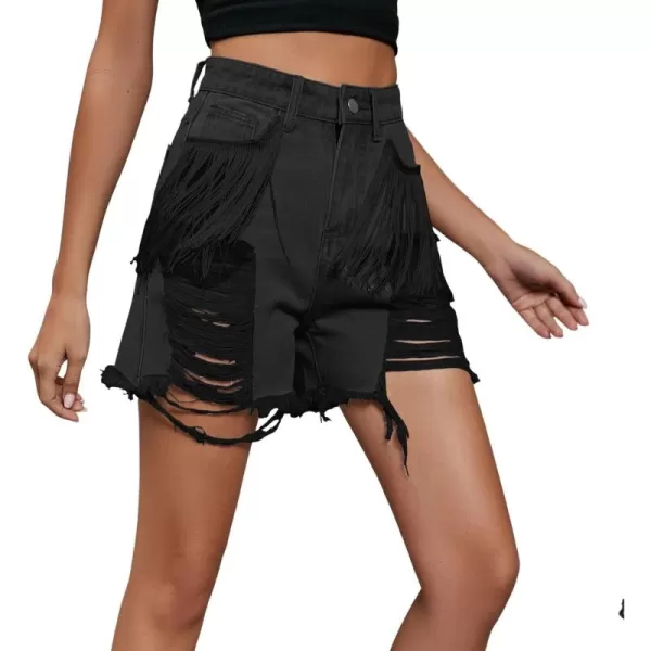 chouyatou Womens Y2k Fringe Denim Shorts High Waisted Frayed Ripped Holes Wide Leg Jean ShortsBlack Gray