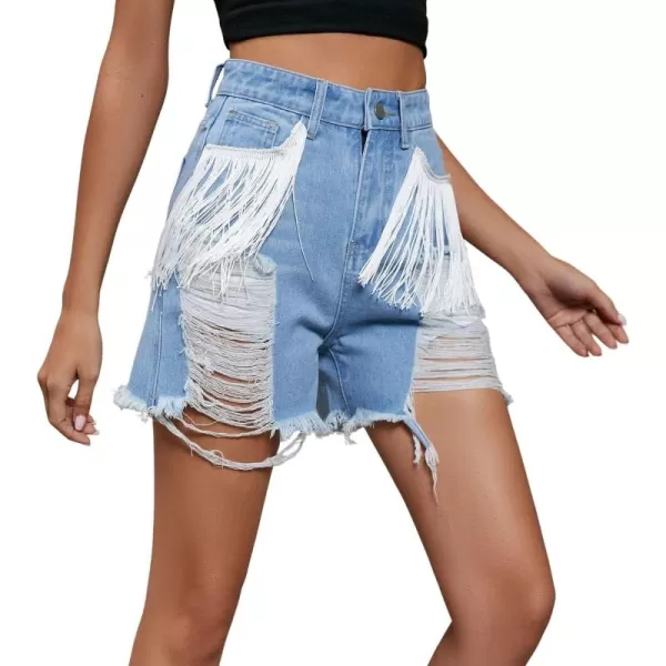 chouyatou Womens Y2k Fringe Denim Shorts High Waisted Frayed Ripped Holes Wide Leg Jean ShortsLight Blue