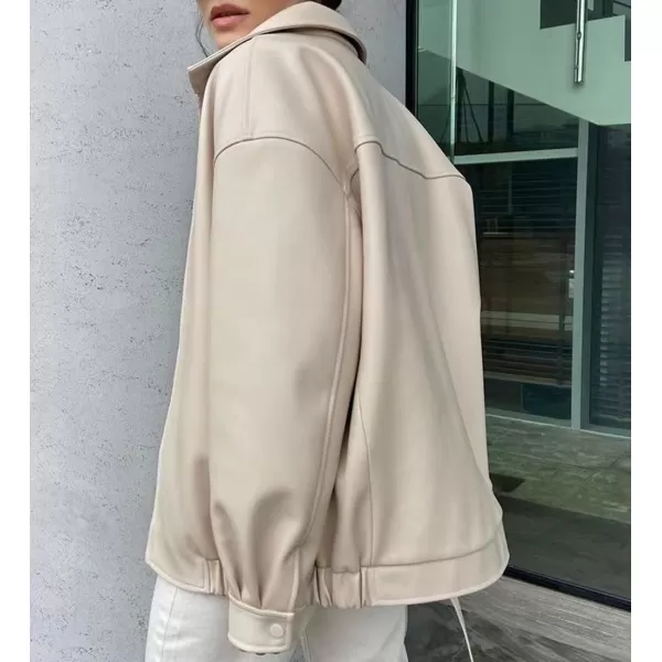 chouyatou Womens Fall Oversized Zip Faux Leather Bomber Jacket Shacket Boyfriend Motocycle JacketBeige