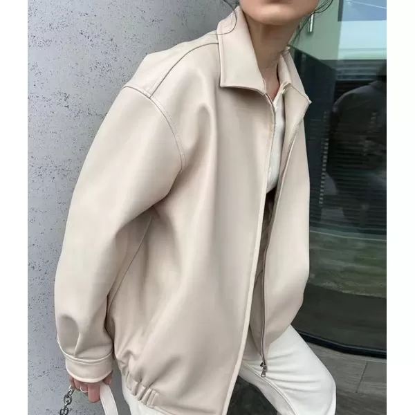chouyatou Womens Fall Oversized Zip Faux Leather Bomber Jacket Shacket Boyfriend Motocycle JacketBeige