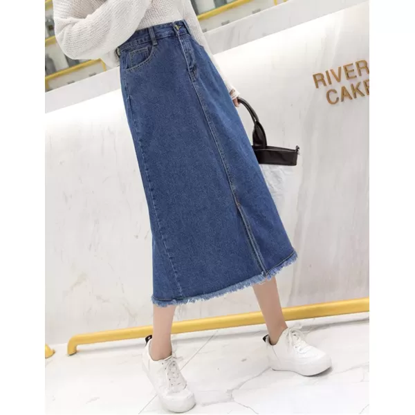 chouyatou Womens MidCalf Frayed Raw Hem Front Slit ALine Midi Denim Jean SkirtDark Blue