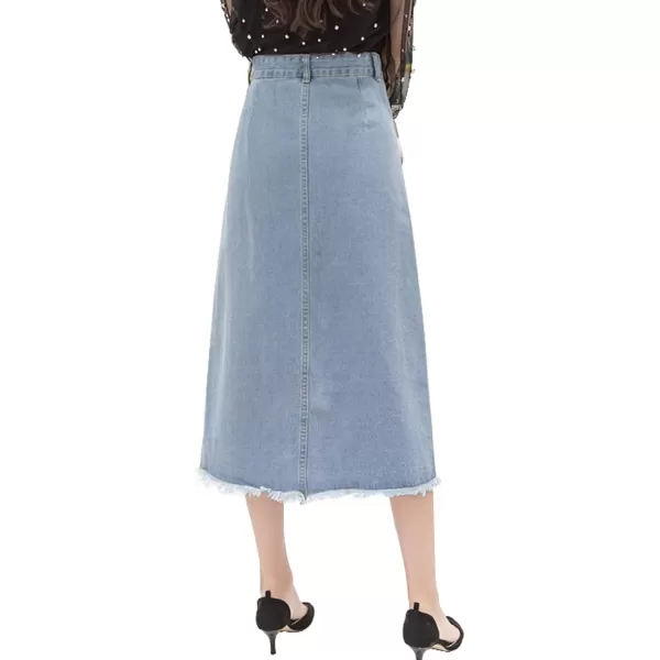 chouyatou Womens MidCalf Frayed Raw Hem Front Slit ALine Midi Denim Jean SkirtLight Blue