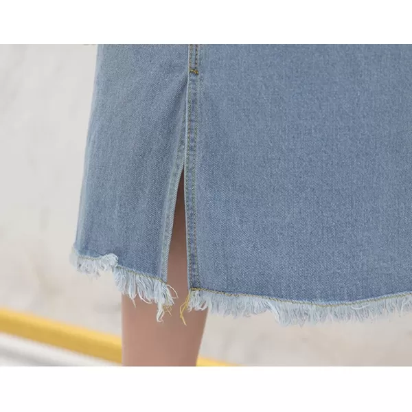 chouyatou Womens MidCalf Frayed Raw Hem Front Slit ALine Midi Denim Jean SkirtLight Blue