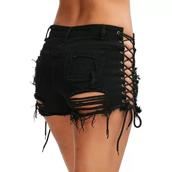 chouyatou Womens Sexy Ripped Hole Clubwear Side Lace Up Mini Denim Jean ShortsBlack