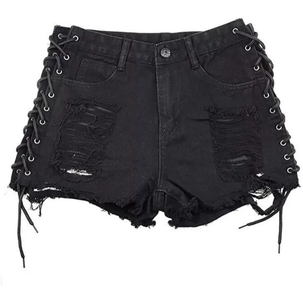 chouyatou Womens Sexy Ripped Hole Clubwear Side Lace Up Mini Denim Jean ShortsBlack