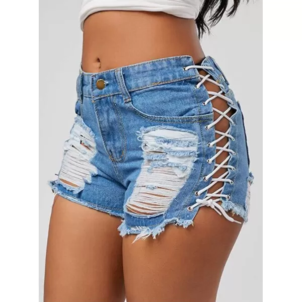 chouyatou Womens Sexy Ripped Hole Clubwear Side Lace Up Mini Denim Jean ShortsBlue