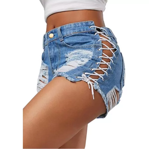 chouyatou Womens Sexy Ripped Hole Clubwear Side Lace Up Mini Denim Jean ShortsBlue