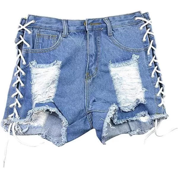 chouyatou Womens Sexy Ripped Hole Clubwear Side Lace Up Mini Denim Jean ShortsBlue