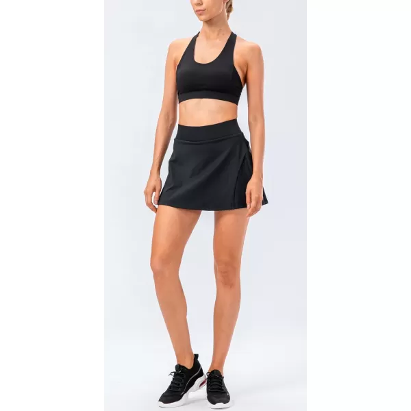 chouyatou Womens Stretched High Waisted A Line Back Pleated Flowy Gym Tennis Skater Skorts Skirts with Shorts UnderneathBlack