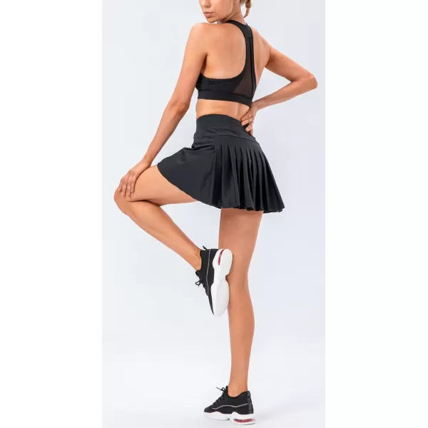 chouyatou Womens Stretched High Waisted A Line Back Pleated Flowy Gym Tennis Skater Skorts Skirts with Shorts UnderneathBlack