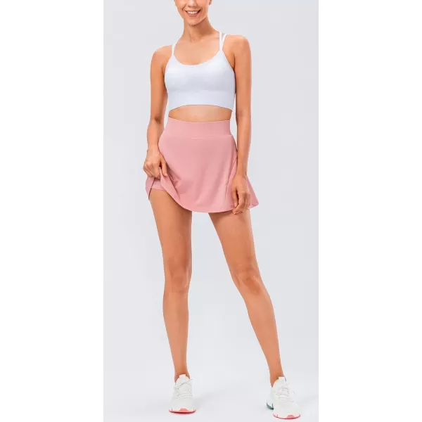 chouyatou Womens Stretched High Waisted A Line Back Pleated Flowy Gym Tennis Skater Skorts Skirts with Shorts UnderneathPink
