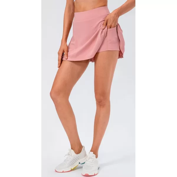 chouyatou Womens Stretched High Waisted A Line Back Pleated Flowy Gym Tennis Skater Skorts Skirts with Shorts UnderneathPink