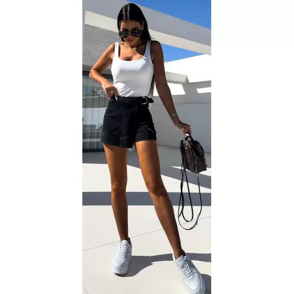 chouyatou Womens Summer Casual Belted Denim Shorts High Waisted Cargo Jean Shorts SkortsBlack