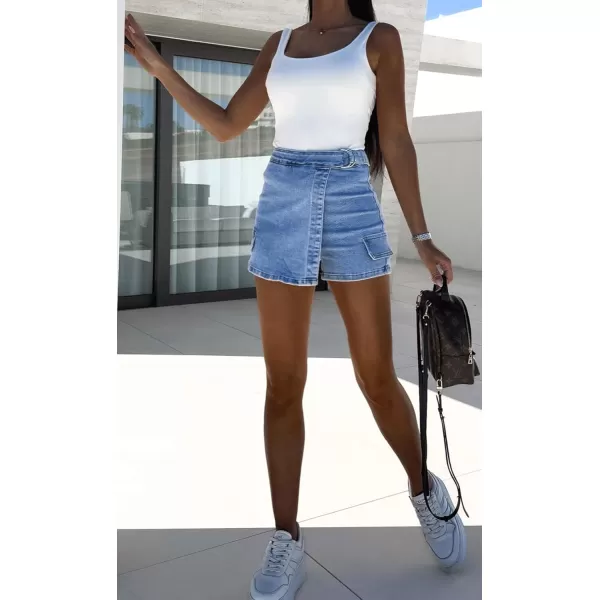 chouyatou Womens Summer Casual Belted Denim Shorts High Waisted Cargo Jean Shorts SkortsBlue