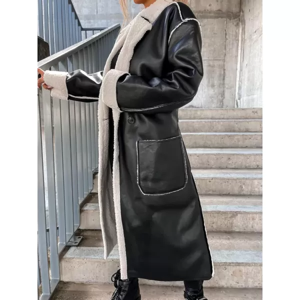 chouyatou Womens Thick Windproof Faux Leather Sherpa Lined Belted Long Trench Coat OuterwearBlack