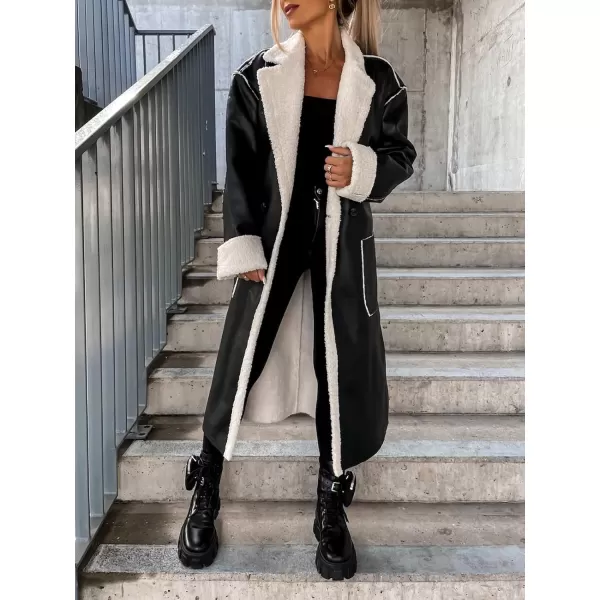 chouyatou Womens Thick Windproof Faux Leather Sherpa Lined Belted Long Trench Coat OuterwearBlack