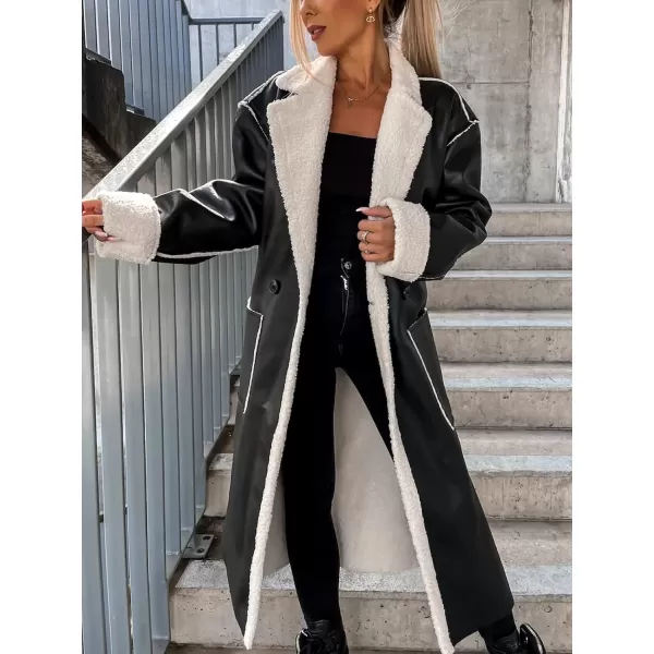 chouyatou Womens Thick Windproof Faux Leather Sherpa Lined Belted Long Trench Coat OuterwearBlack