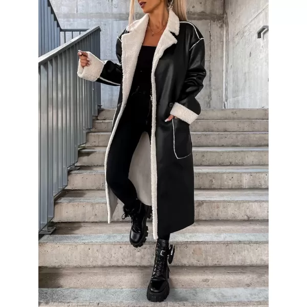 chouyatou Womens Thick Windproof Faux Leather Sherpa Lined Belted Long Trench Coat OuterwearBlack