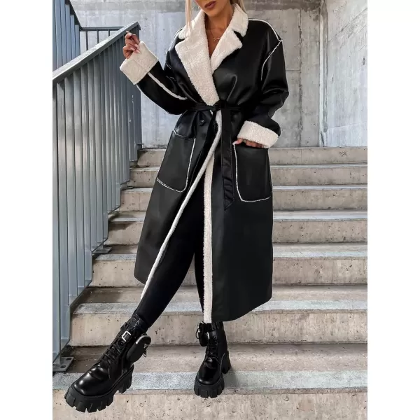 chouyatou Womens Thick Windproof Faux Leather Sherpa Lined Belted Long Trench Coat OuterwearBlack