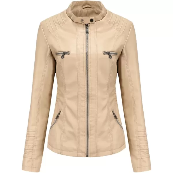 chouyatou Womens Vintage Long Sleeve Zip Up Hooded PU Washed Faux Leather Jacket CoatApricot