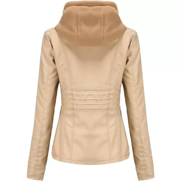 chouyatou Womens Vintage Long Sleeve Zip Up Hooded PU Washed Faux Leather Jacket CoatApricot