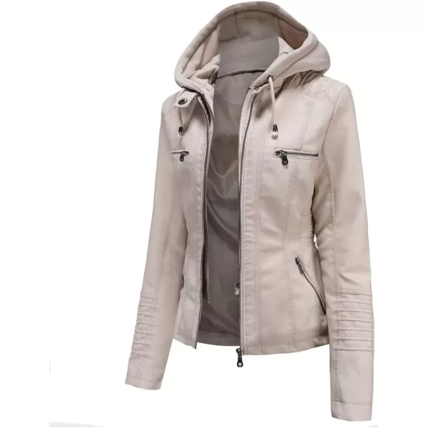 chouyatou Womens Vintage Long Sleeve Zip Up Hooded PU Washed Faux Leather Jacket CoatBeige