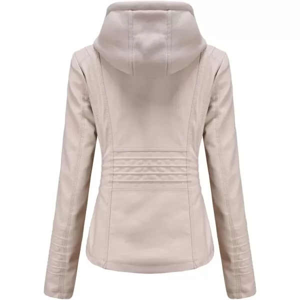 chouyatou Womens Vintage Long Sleeve Zip Up Hooded PU Washed Faux Leather Jacket CoatBeige