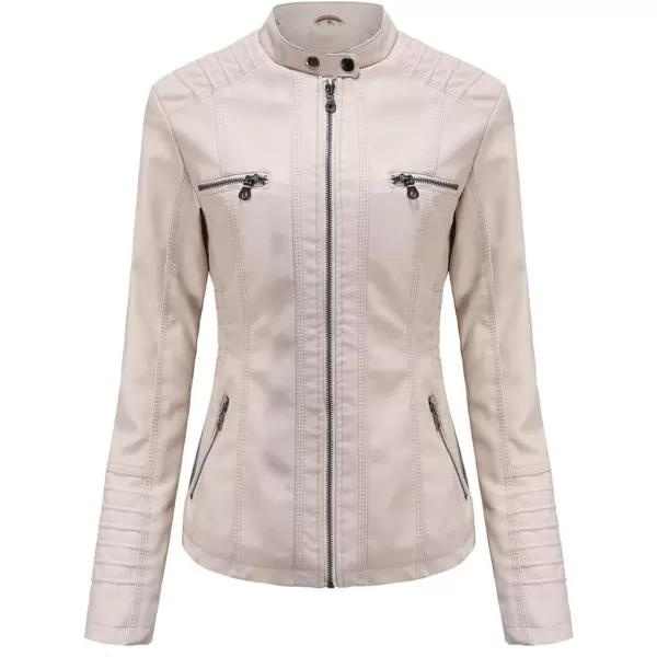 chouyatou Womens Vintage Long Sleeve Zip Up Hooded PU Washed Faux Leather Jacket CoatBeige