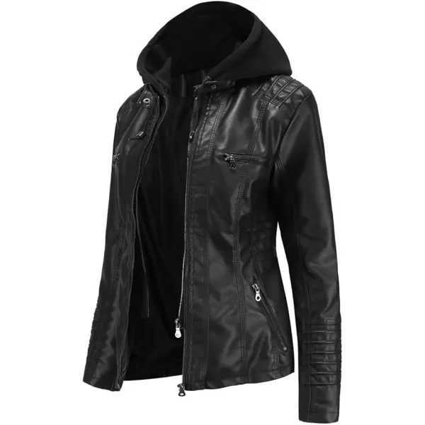 chouyatou Womens Vintage Long Sleeve Zip Up Hooded PU Washed Faux Leather Jacket CoatBlack