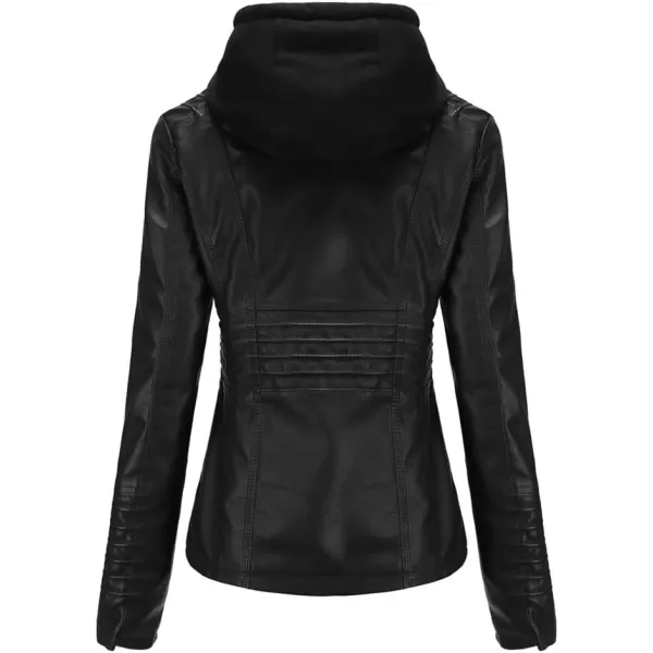 chouyatou Womens Vintage Long Sleeve Zip Up Hooded PU Washed Faux Leather Jacket CoatBlack