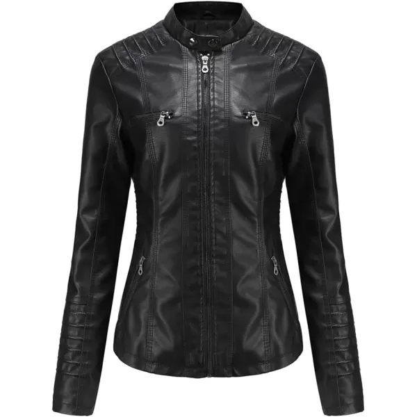 chouyatou Womens Vintage Long Sleeve Zip Up Hooded PU Washed Faux Leather Jacket CoatBlack