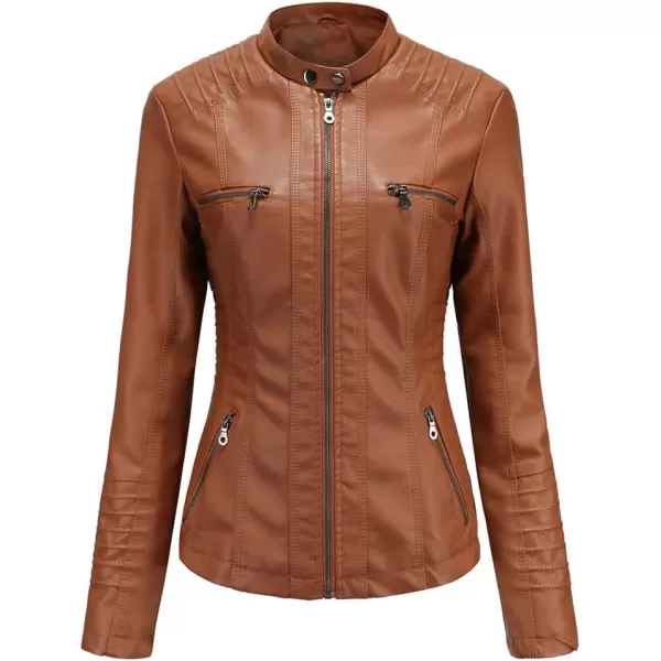 chouyatou Womens Vintage Long Sleeve Zip Up Hooded PU Washed Faux Leather Jacket CoatCamel