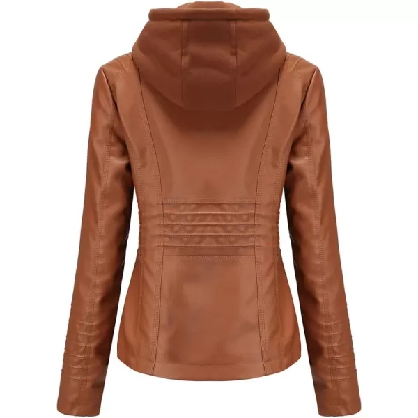 chouyatou Womens Vintage Long Sleeve Zip Up Hooded PU Washed Faux Leather Jacket CoatCamel