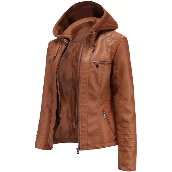 chouyatou Womens Vintage Long Sleeve Zip Up Hooded PU Washed Faux Leather Jacket CoatCamel