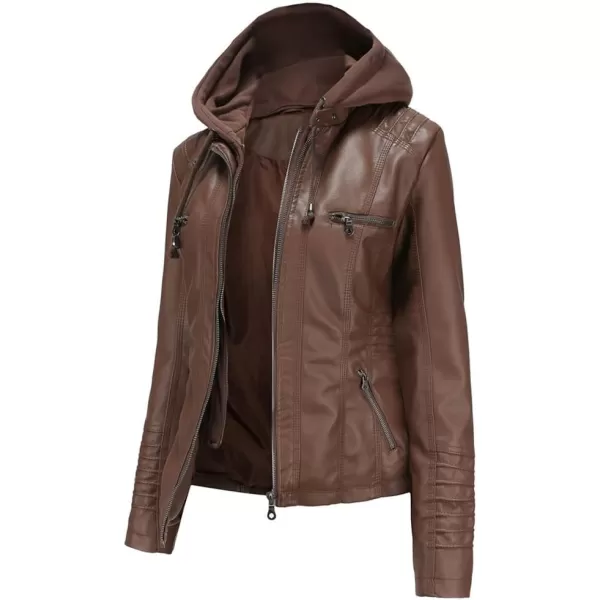 chouyatou Womens Vintage Long Sleeve Zip Up Hooded PU Washed Faux Leather Jacket CoatCoffee