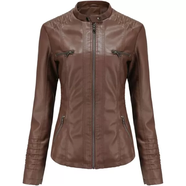 chouyatou Womens Vintage Long Sleeve Zip Up Hooded PU Washed Faux Leather Jacket CoatCoffee