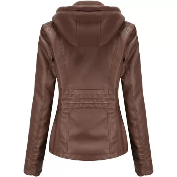chouyatou Womens Vintage Long Sleeve Zip Up Hooded PU Washed Faux Leather Jacket CoatCoffee