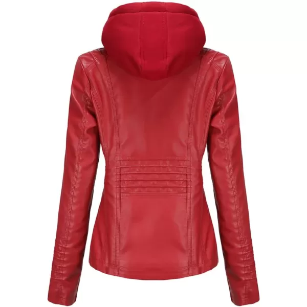 chouyatou Womens Vintage Long Sleeve Zip Up Hooded PU Washed Faux Leather Jacket CoatRed