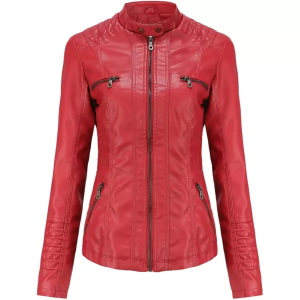chouyatou Womens Vintage Long Sleeve Zip Up Hooded PU Washed Faux Leather Jacket CoatRed