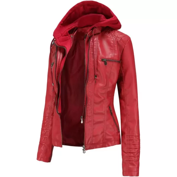 chouyatou Womens Vintage Long Sleeve Zip Up Hooded PU Washed Faux Leather Jacket CoatRed