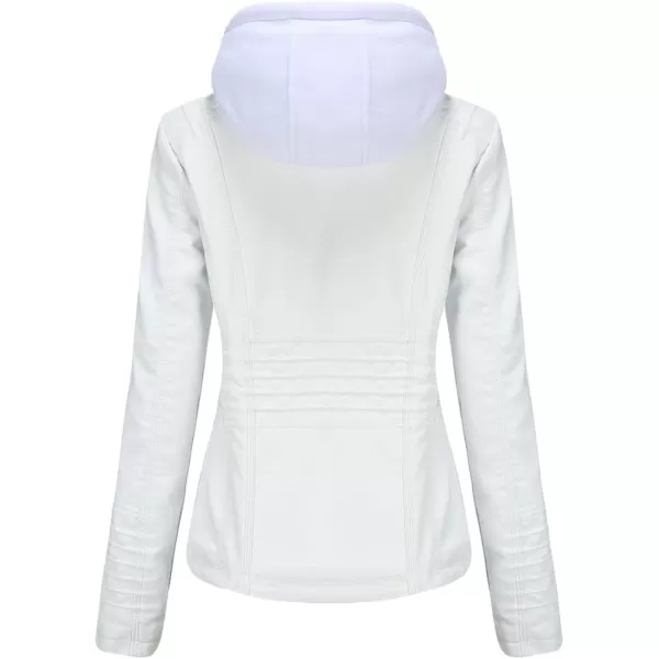 chouyatou Womens Vintage Long Sleeve Zip Up Hooded PU Washed Faux Leather Jacket CoatWhite