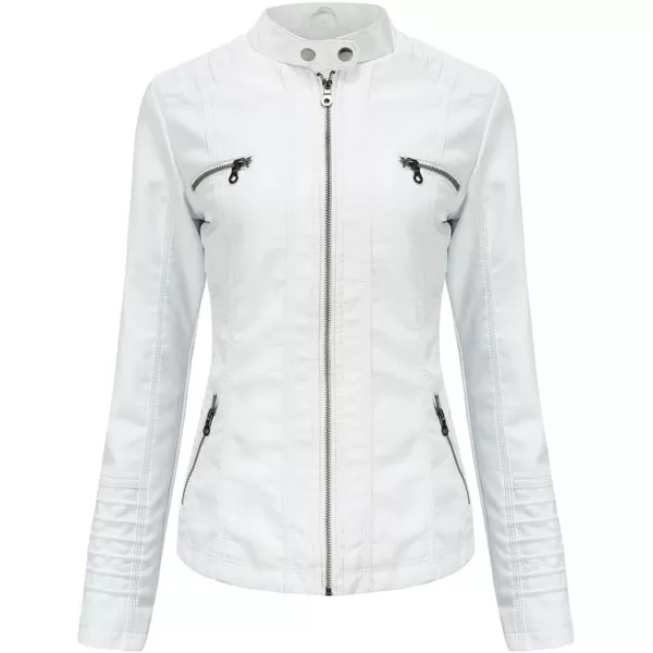 chouyatou Womens Vintage Long Sleeve Zip Up Hooded PU Washed Faux Leather Jacket CoatWhite