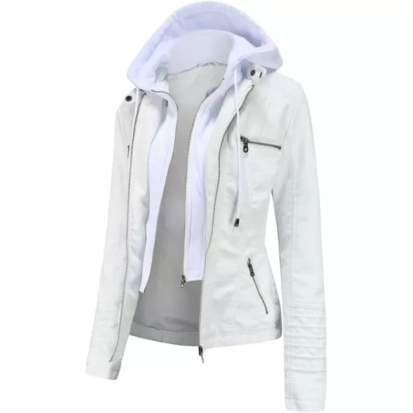 chouyatou Womens Vintage Long Sleeve Zip Up Hooded PU Washed Faux Leather Jacket CoatWhite