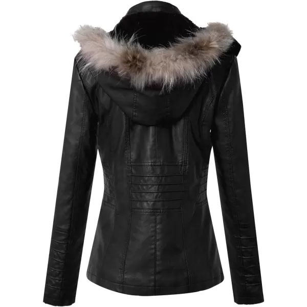 chouyatou Womens Winter Detachable Fur Hooded Sherpa Lined Quilted Pu Leather Biker JacketBlack